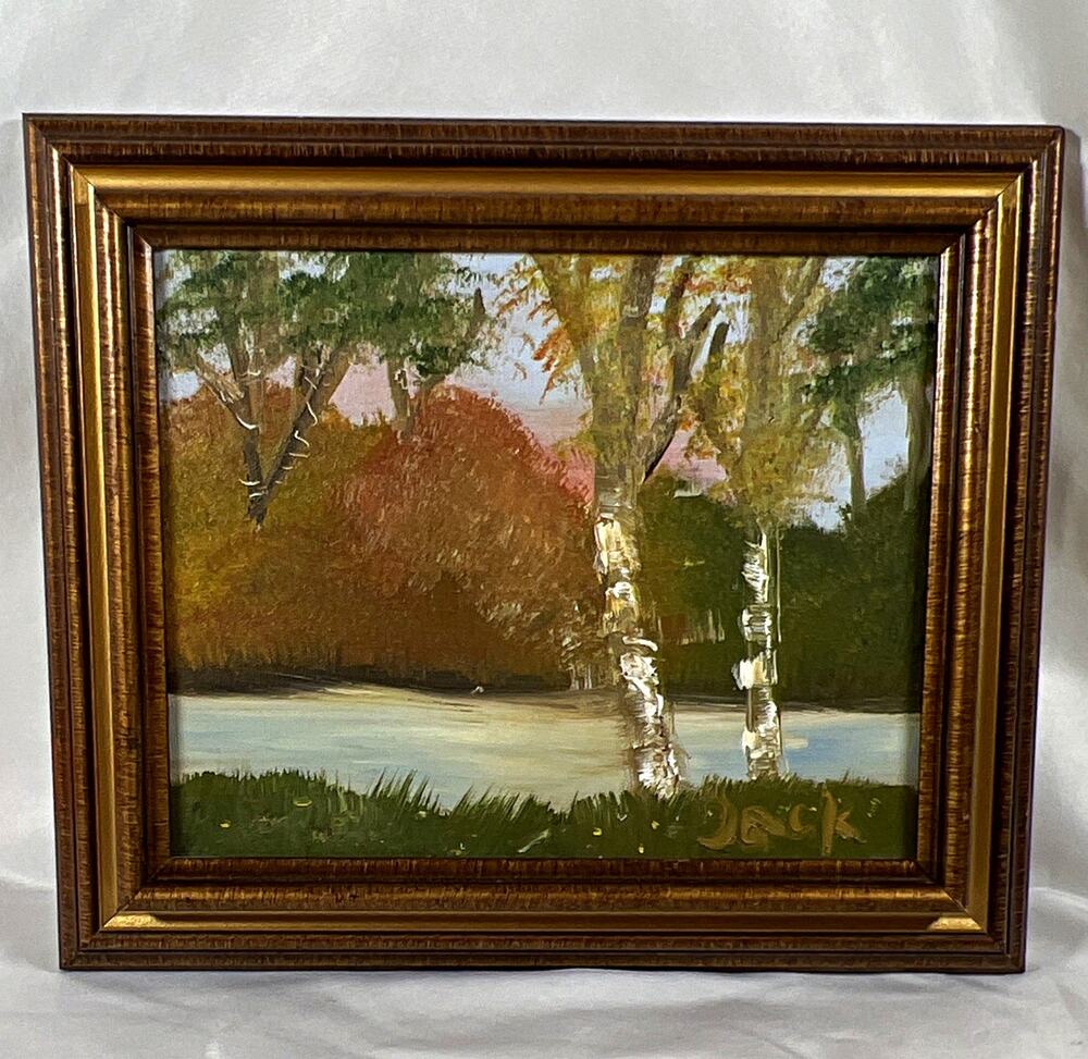 Vintage Jack Signed Original on Canvas Framed Realism Landscape Fall Trees River